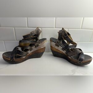 BED|STU Black, White & Brown Wedge Sandals - size 7.5